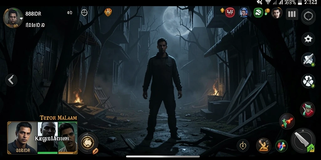 Tampilan gameplay menakutkan dengan lingkungan yang gelap dan misterius.