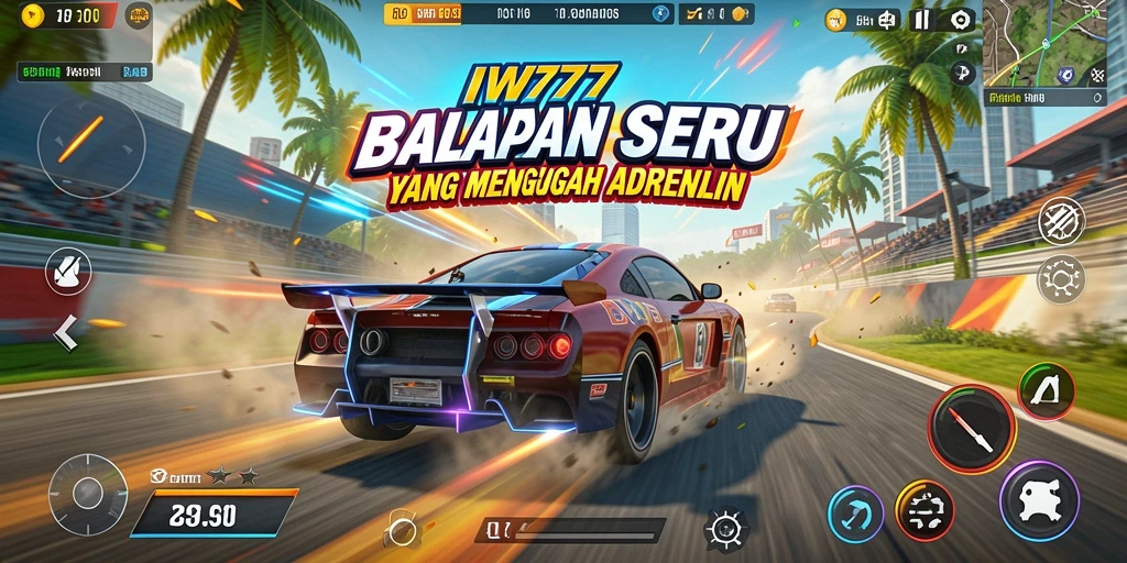 Screenshot menunjukkan momen balapan intens dalam IW777 dengan kendaraan yang melaju kencang.