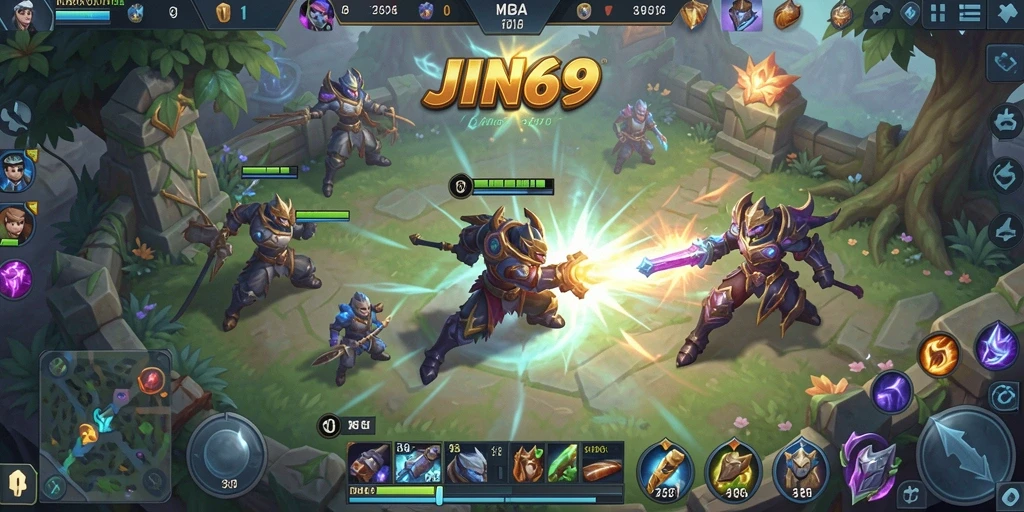 Tangkapan layar JIN69 menampilkan aksi pertarungan tim yang intens dalam gameplay MOBA.