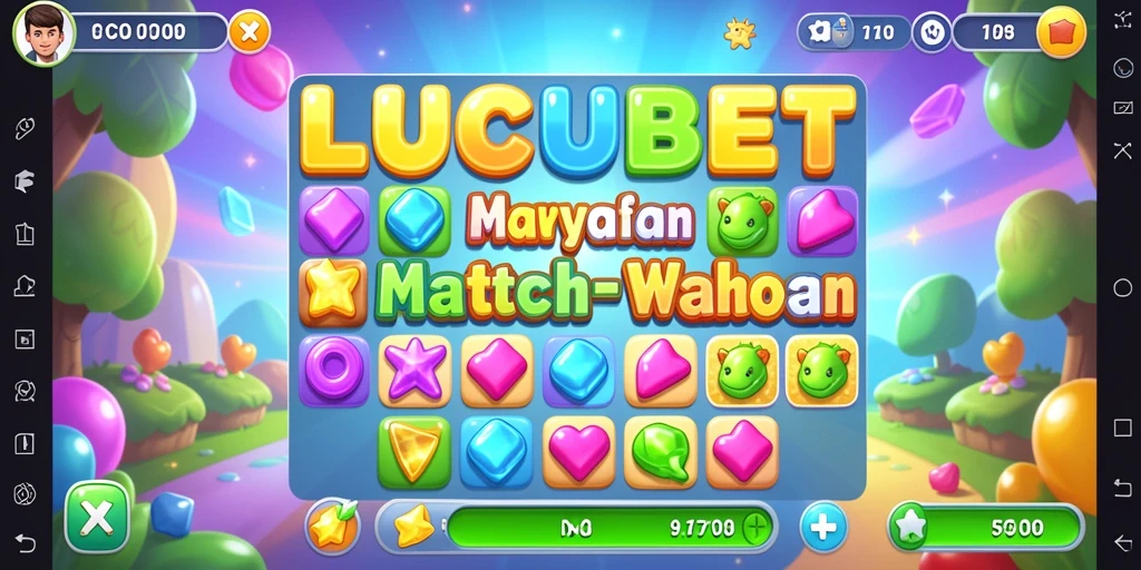 Screenshot LUCUBET menampilkan berbagai permata warna-warni dalam gameplay Match-3.