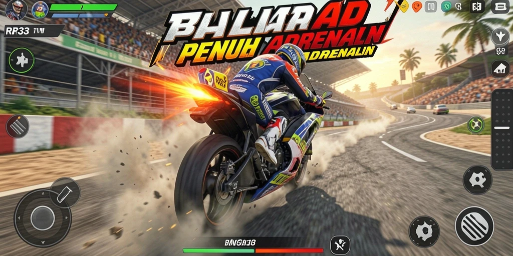 Tampilan gameplay RR33 yang mendebarkan dalam balapan motor.